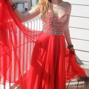Sherri Hill Red Strapless Gown with Silver Accents